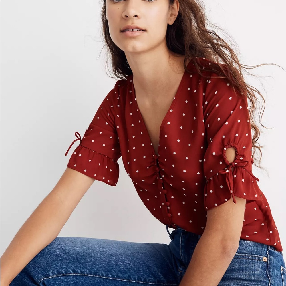 NEW • Madewell • Daylight Tie Sleeve Short Sleeve Top Polka Dots Red White